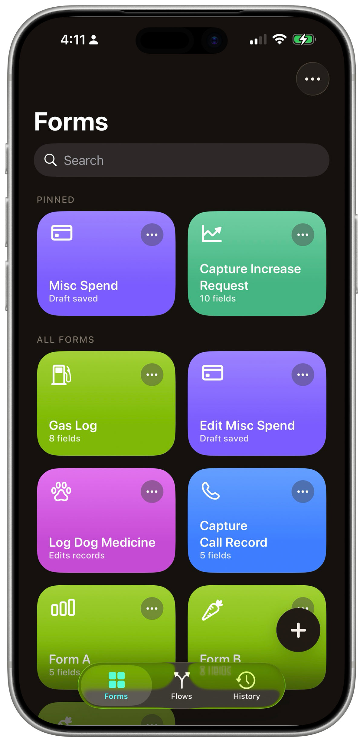 Tap big cards to choose, and the form moves you on in Air Fill